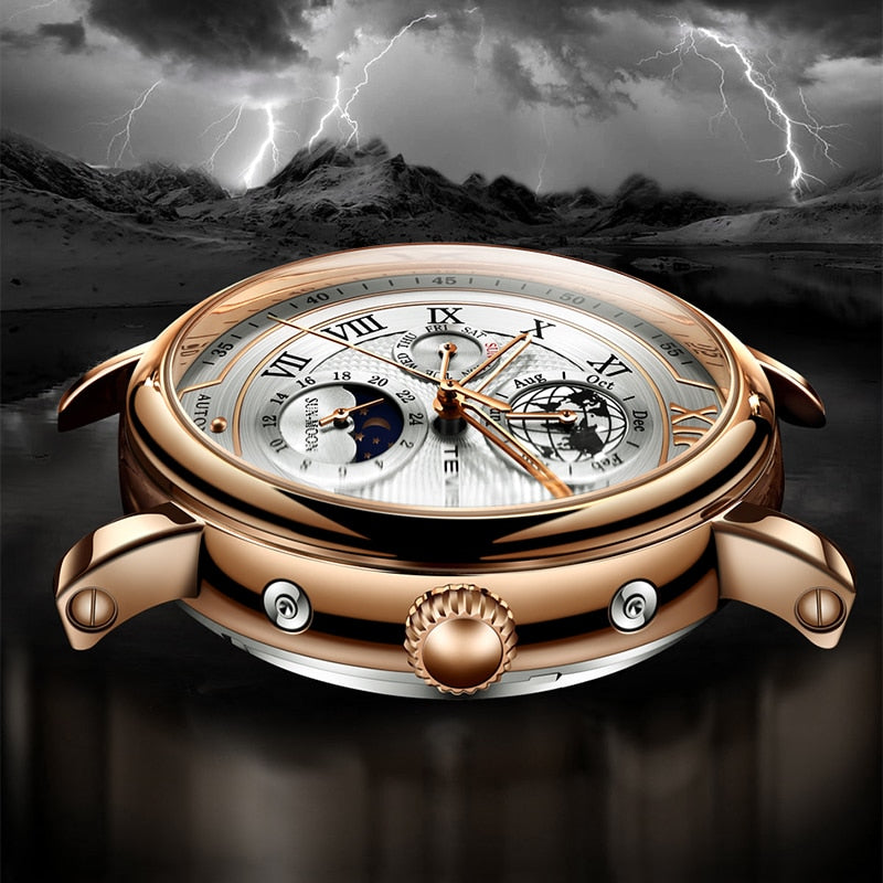 2023 TEVISE Business Waterproof Mens Mechanical Watches Top Brand Luxury Leather Watch For Men Moon Phase Automatic Wristwatch