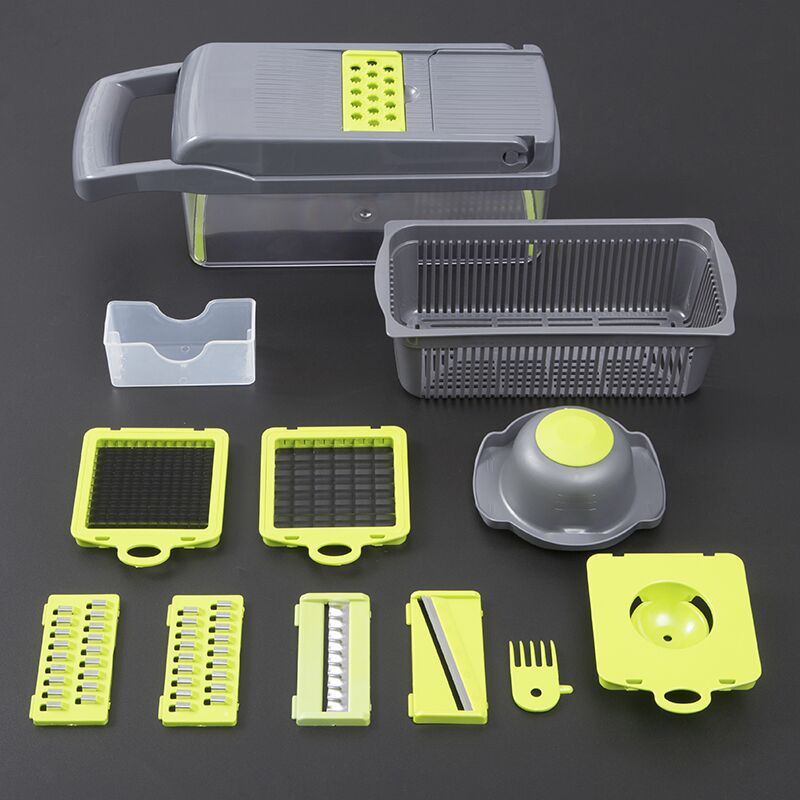 12 in 1 Green Multifunctional Vegetable Slicer Cutter  Hand Slicer Drain Basket  Kitchen Tool Home Gadgets