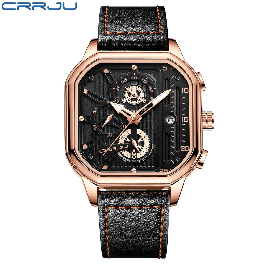 CRRJU Fashion Square Dial Leather Mens Watches Luxury Sport Waterproof Watch Man Chronograph Quartz WristWatches Homme+Box