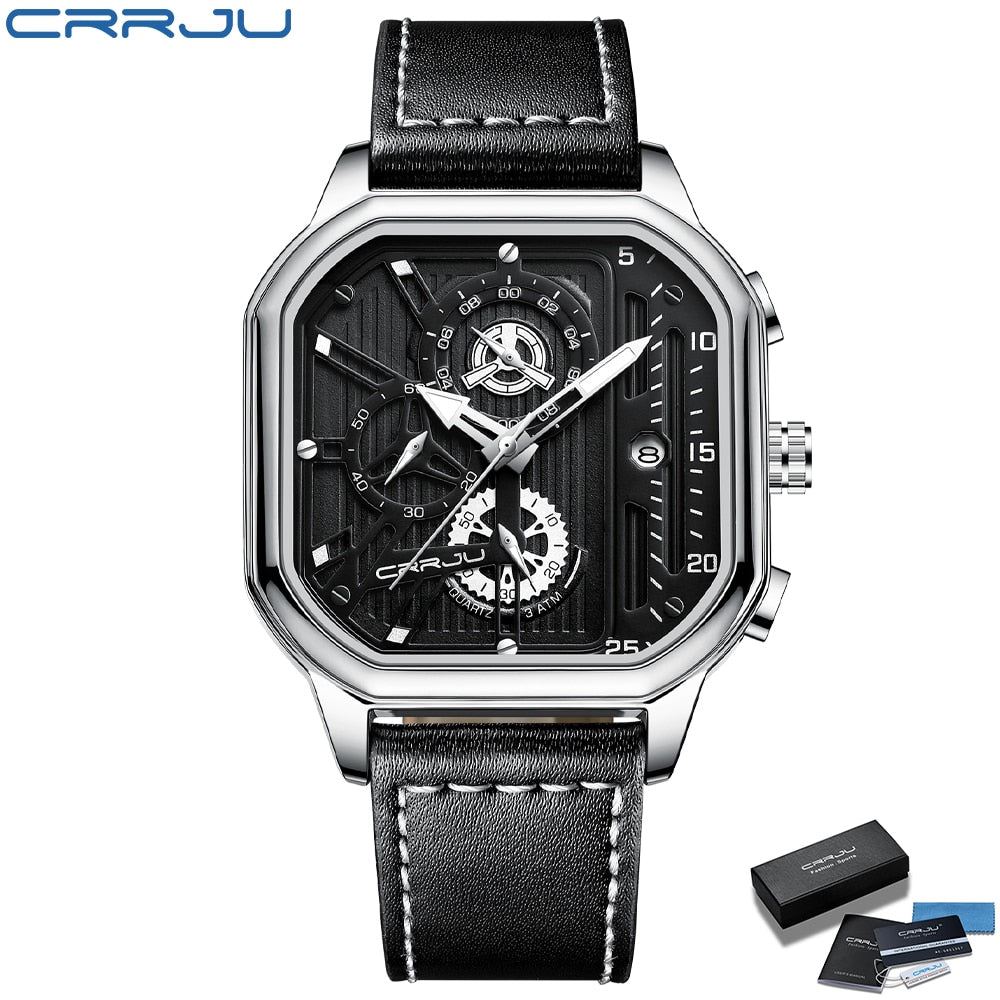 CRRJU Fashion Square Dial Leather Mens Watches Luxury Sport Waterproof Watch Man Chronograph Quartz WristWatches Homme+Box