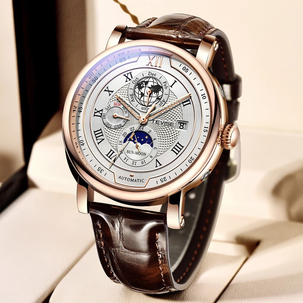 2023 TEVISE Business Waterproof Mens Mechanical Watches Top Brand Luxury Leather Watch For Men Moon Phase Automatic Wristwatch