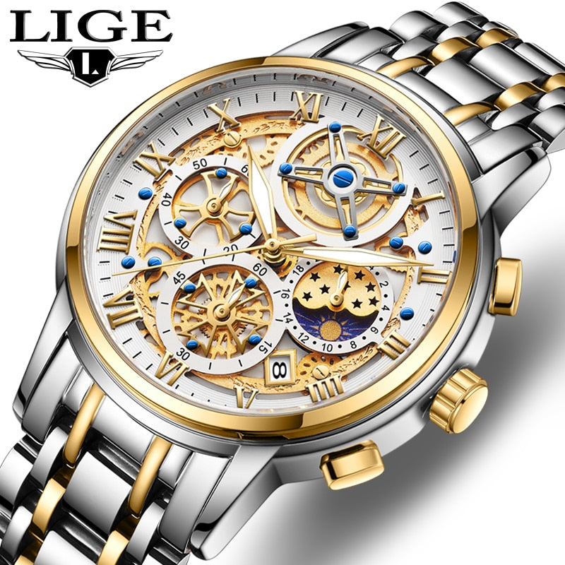 LIGE Men Watch Top Brand Original Sports Quartz Mens Watches Full Steel Waterproof Chronograph Wristwatch Men Relogio Masculino